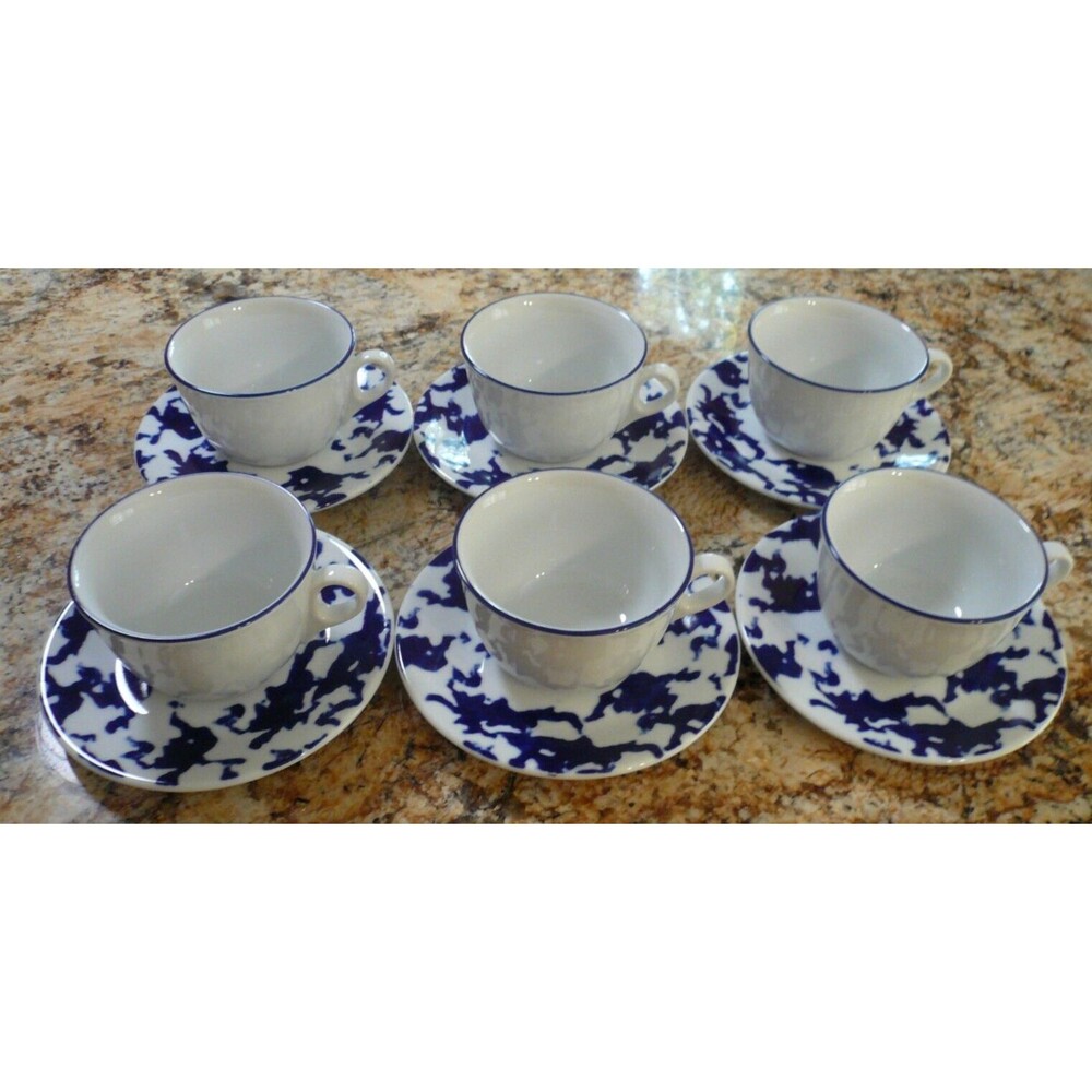 Richard Ginori Laveno Paola Navone Set of 6 Cups & Saucers Blue Sponge Italy